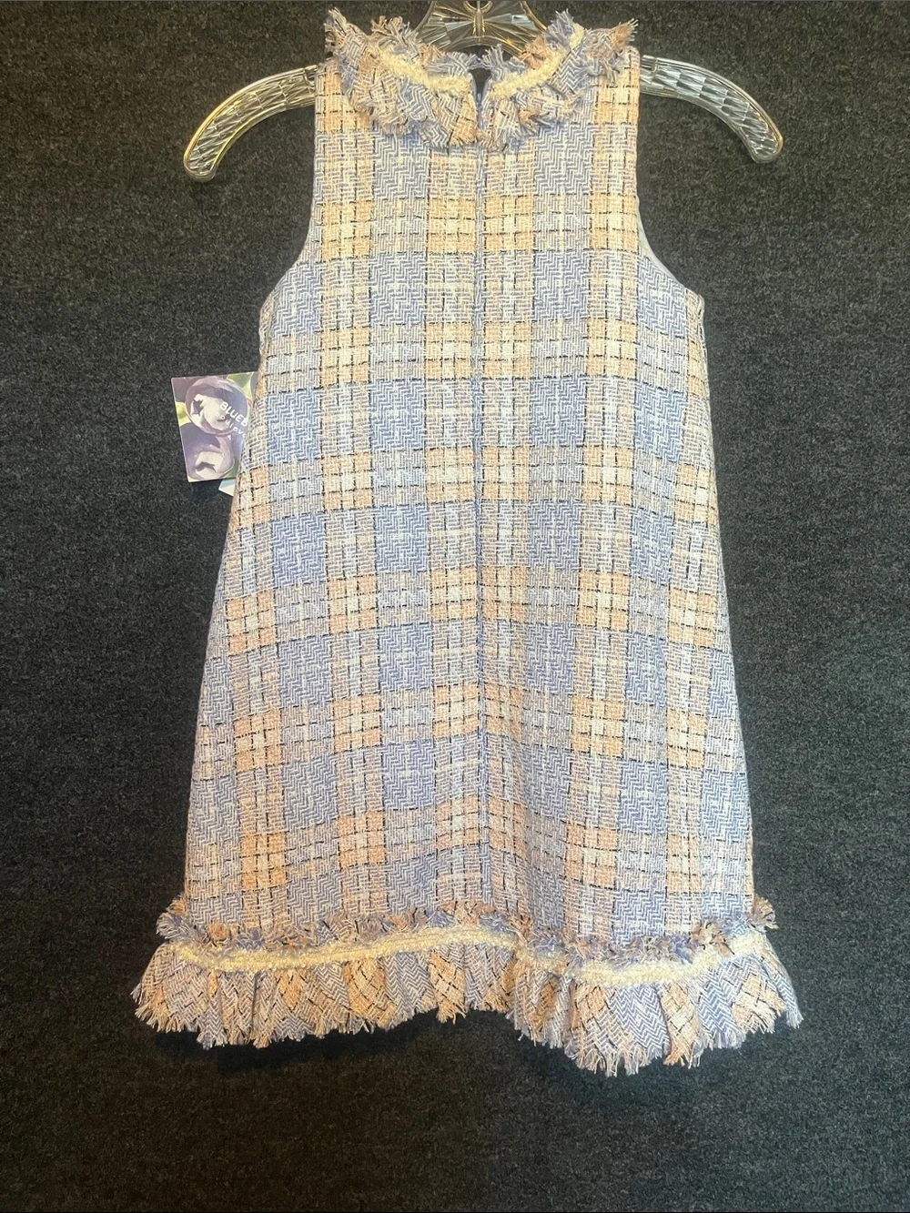 Blueberi Boulevard Girls Blue and Cream Tweed Fringe A-Line Dress